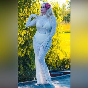 Cream Lace Sheer Gown with gloves by Unholy for Dollskill Goth Bride Bridal